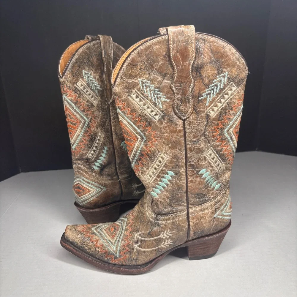Corral Teens 2 Leather Western Boots Aztec Southwestern Embroidered F1049 GUC